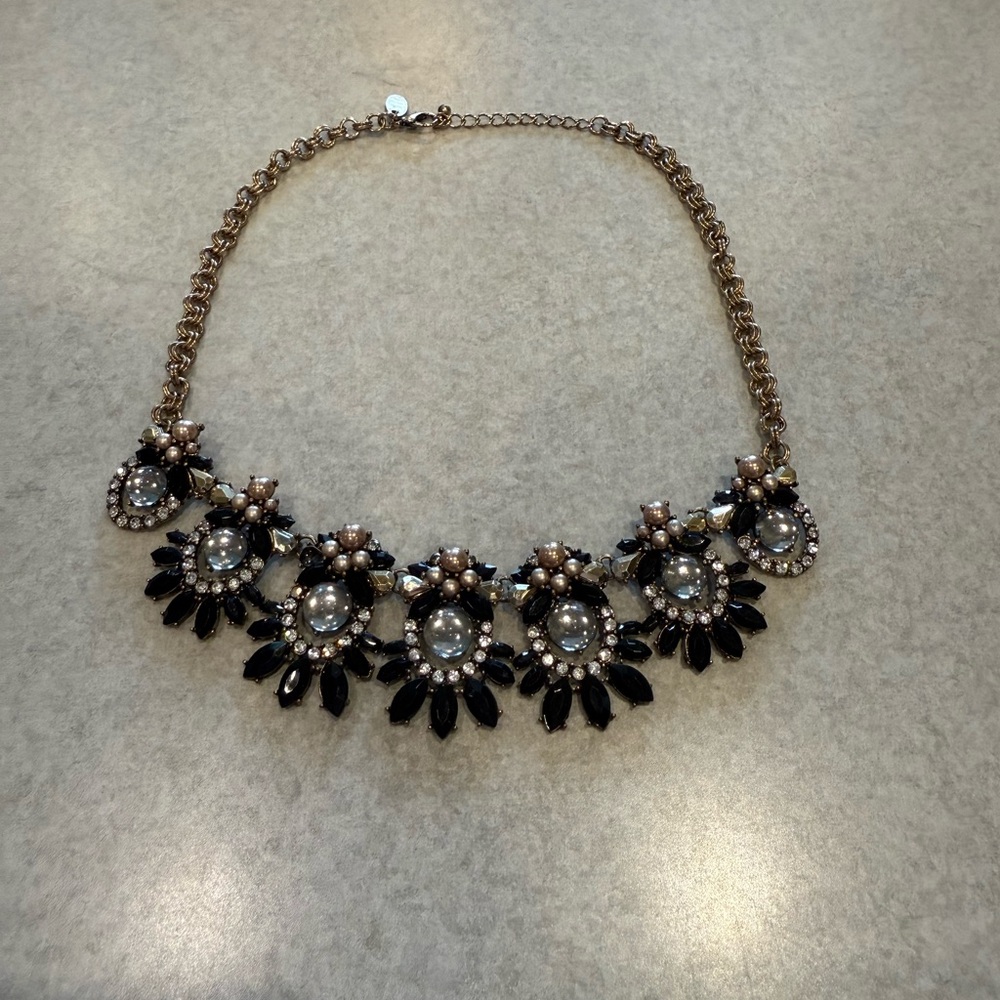 Black and Gold Bib Necklace with Crystal Accents